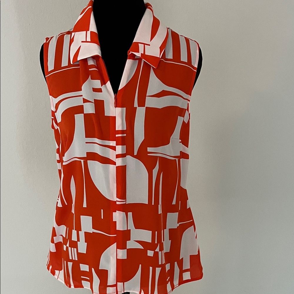 CAbi Red and White Abstract Sleeveless Blouse